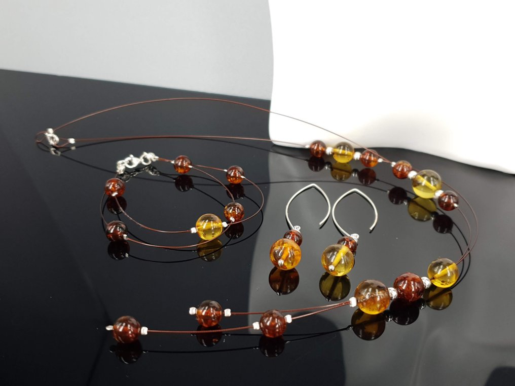 钢, 银, 波罗的海琥珀 / 免费送货 - 手镯 #1.0