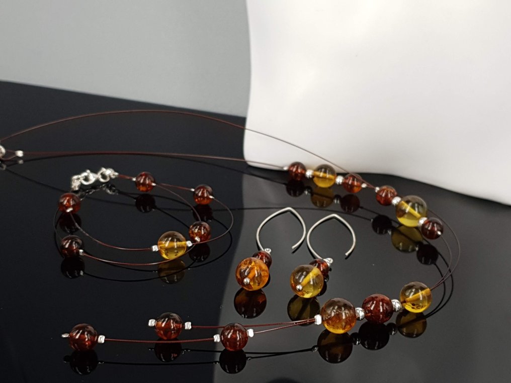 钢, 银, 波罗的海琥珀 / 免费送货 - 手镯 #1.0