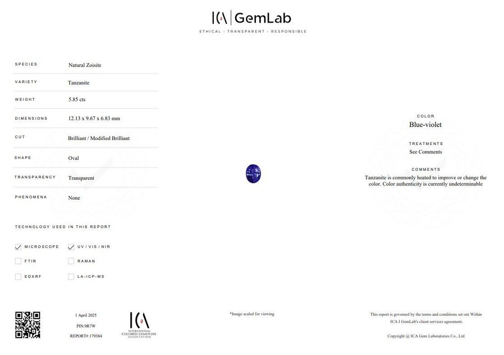 1 pcs  Albastru, Violet Tanzanite  - 5.85 ct - Asociația internațională de pietre prețioase colorate (ICA GemLab) #4.3