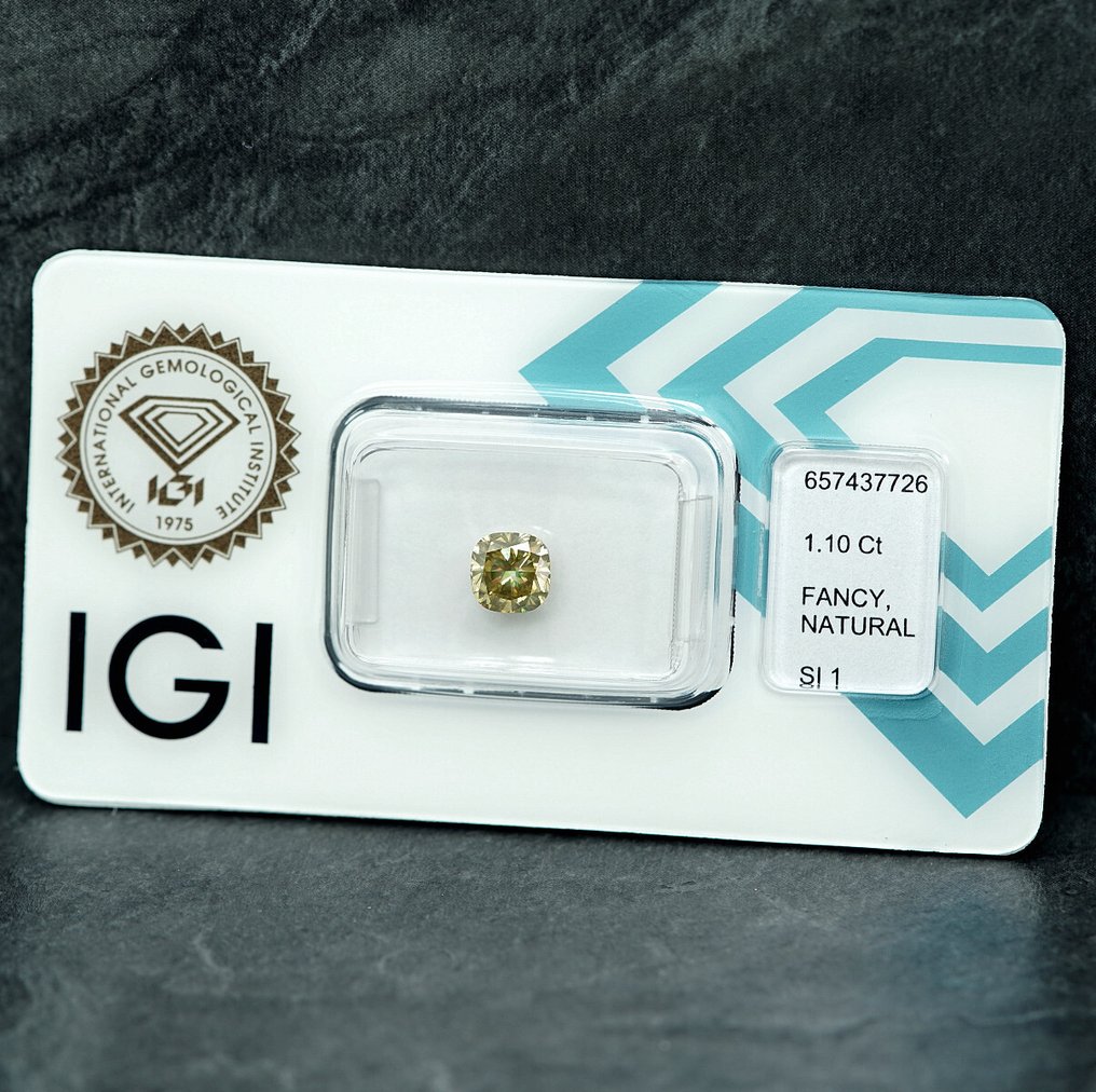1 pcs Diamant (Couleur naturelle) - 1.10 ct - Carré - Fancy Grisâtre Jaune - SI1 - International Gemological Institute (IGI) #1.0
