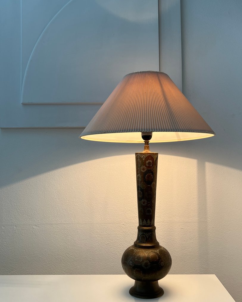 Table lamp - Brass, Copper, Metal, Textile - Hoge (72 cm) Mediterranean-colored engraved etched copper brass table lamp #4.3