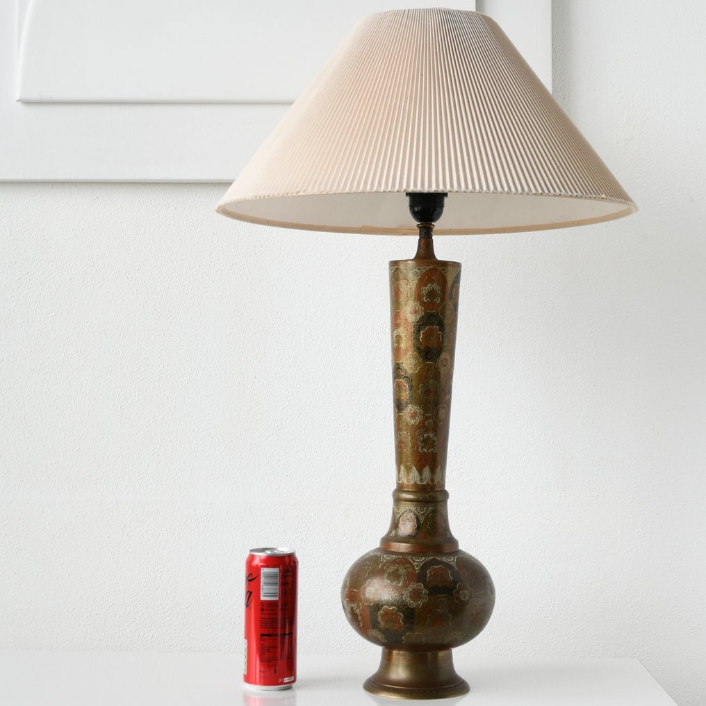 Table lamp - Brass, Copper, Metal, Textile - Hoge (72 cm) Mediterranean-colored engraved etched copper brass table lamp #3.2