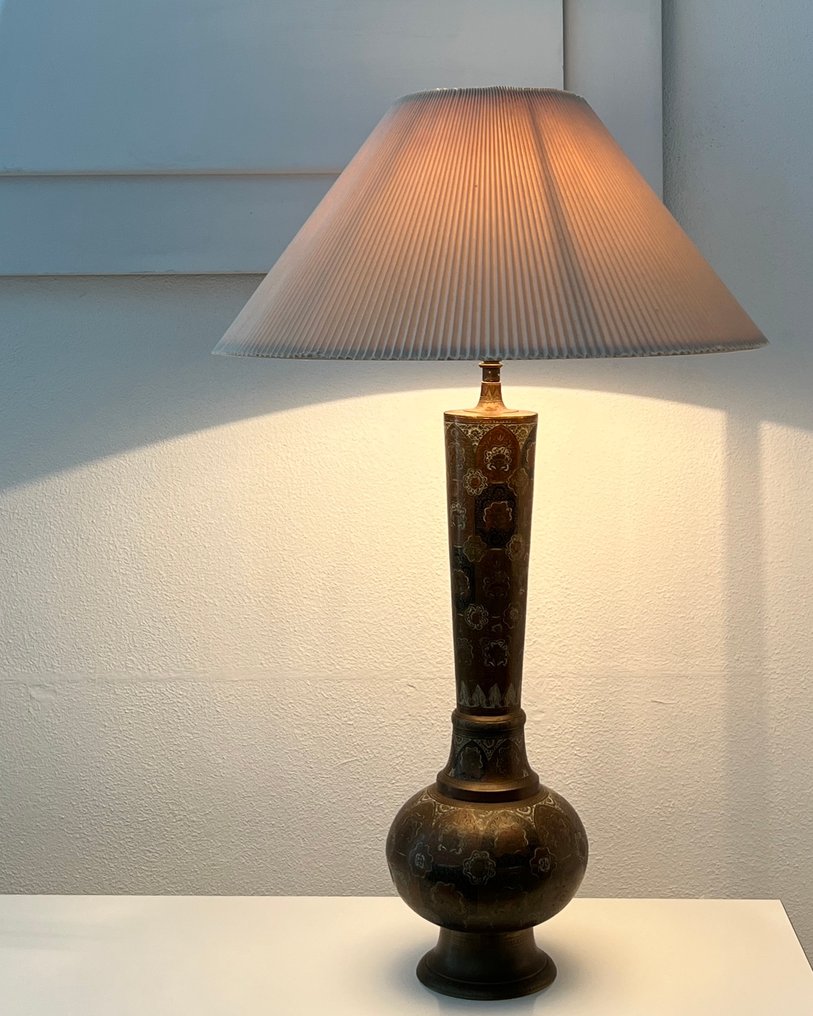 Table lamp - Brass, Copper, Metal, Textile - Hoge (72 cm) Mediterranean-colored engraved etched copper brass table lamp #2.1