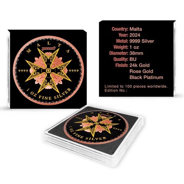 Malta. 5 Euro 2024 1 oz Malta Maltese Cross Rose Gold Black Platinum 24k Gold Gilded Colorized Silver Coin #1.0