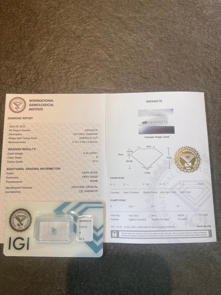 1 pcs Diamant (Natural) - 0.33 ct - Smarald - D (fără culoare) - VS2 - IGI (Institutul gemologic internațional) #3.2