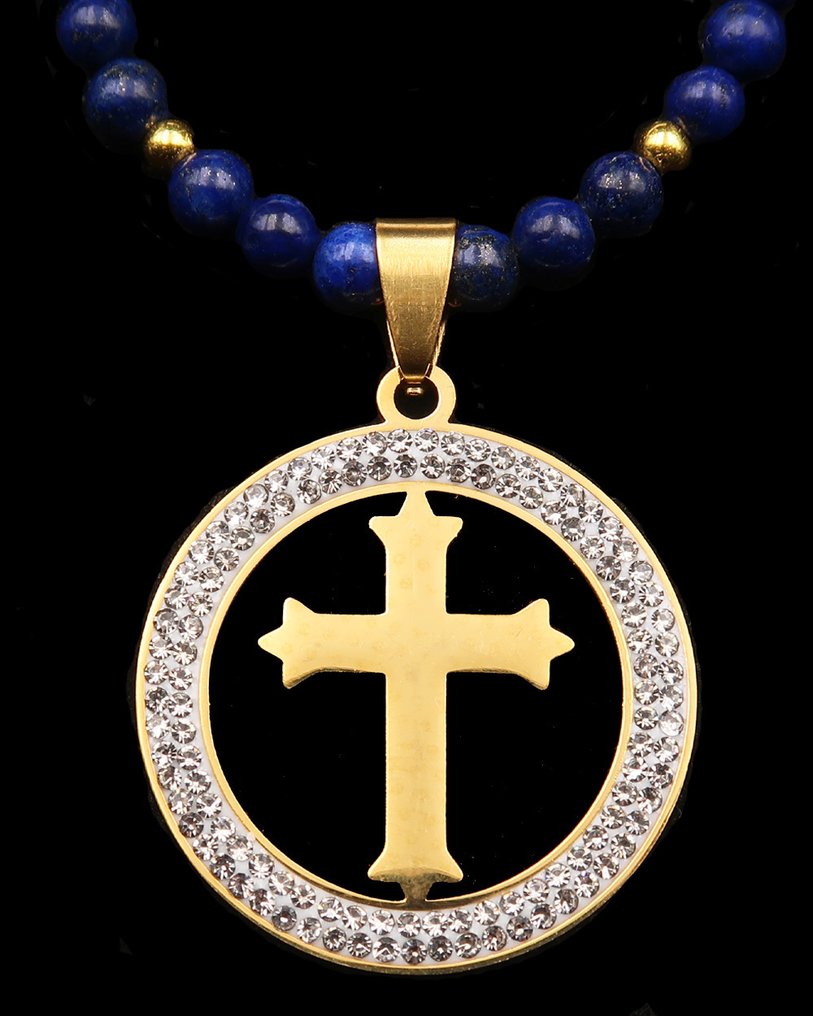 青金石 - 光之盾牌项链:圣十字与神圣保护 - 14K金镀金扣 - 项链 #1.0