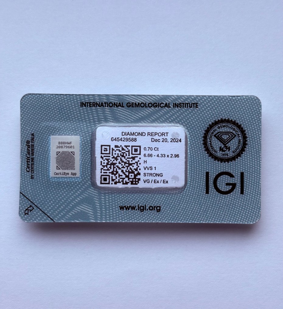 1 pcs Gyémánt  (Természetes)  - 0.70 ct - Radiant - H - VVS1 - Nemzetközi Gemmológiai Intézet (IGI) #1.0