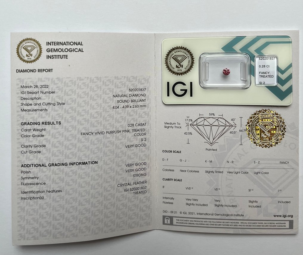 1 pcs 钻石 (经彩色处理) - 0.28 ct - 圆形 - Fancy vivid 稍帶紫色的 粉红色 - SI2 微内含二级 - 国际宝石研究院(IGI) #3.2
