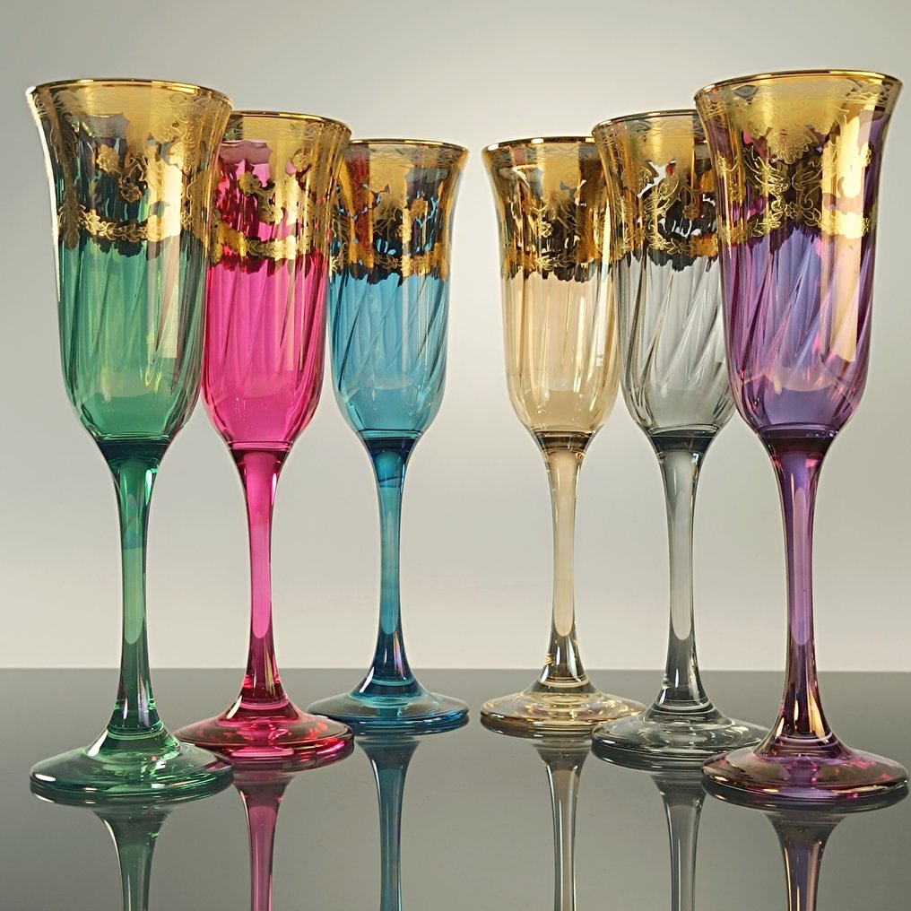 Secoloventesimo - Champagnerflöte (6) - Venice Color Gold Flute - 24 Karat Gold - Handgemalt Gold'n-Farbe #4.3