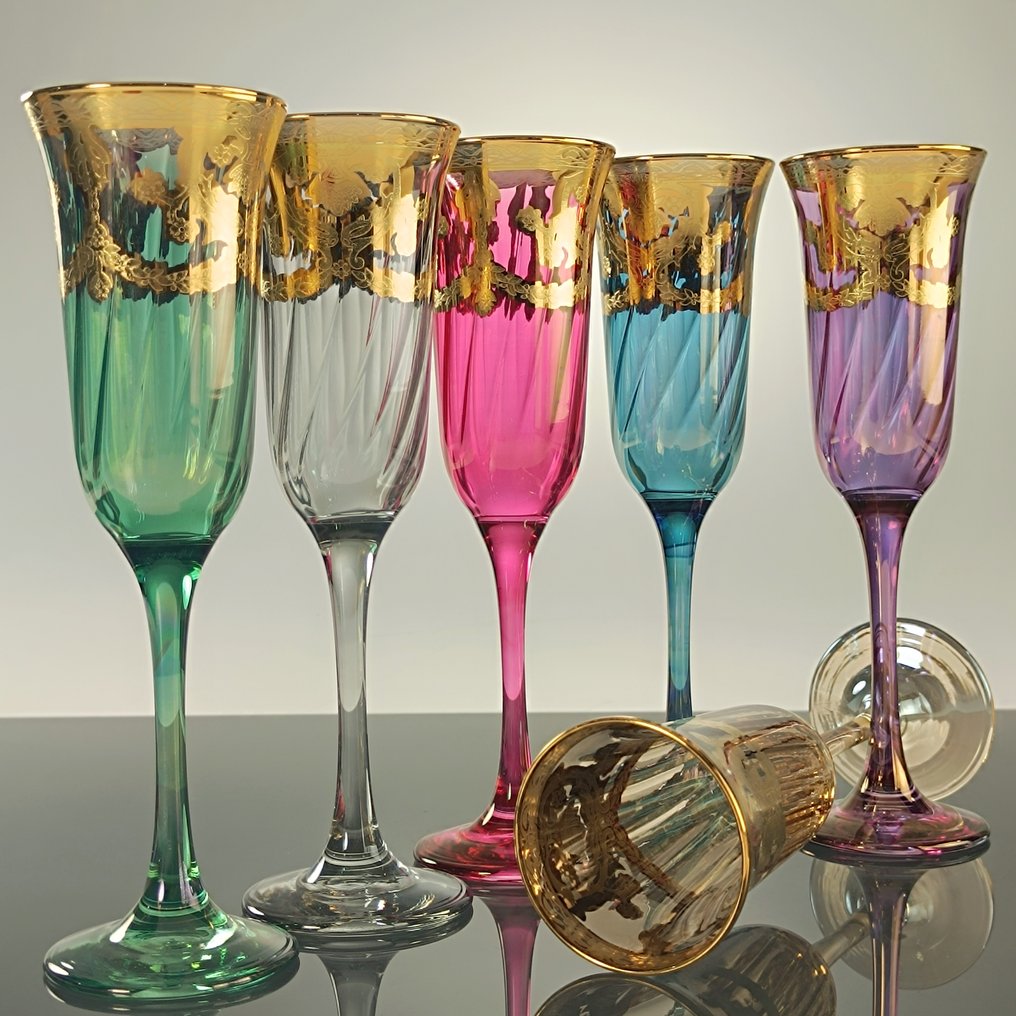 Secoloventesimo - Champagnerflöte (6) - Venice Color Gold Flute - 24 Karat Gold - Handgemalt Gold'n-Farbe #1.0