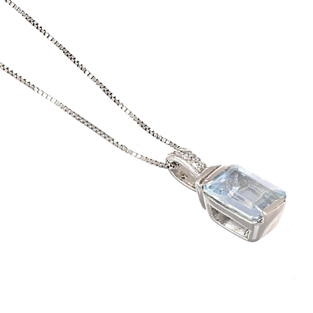 吊坠项链 - 18K包金 白金 - 1.03ct. tw. 海蓝宝石 - 钻石 #1.0