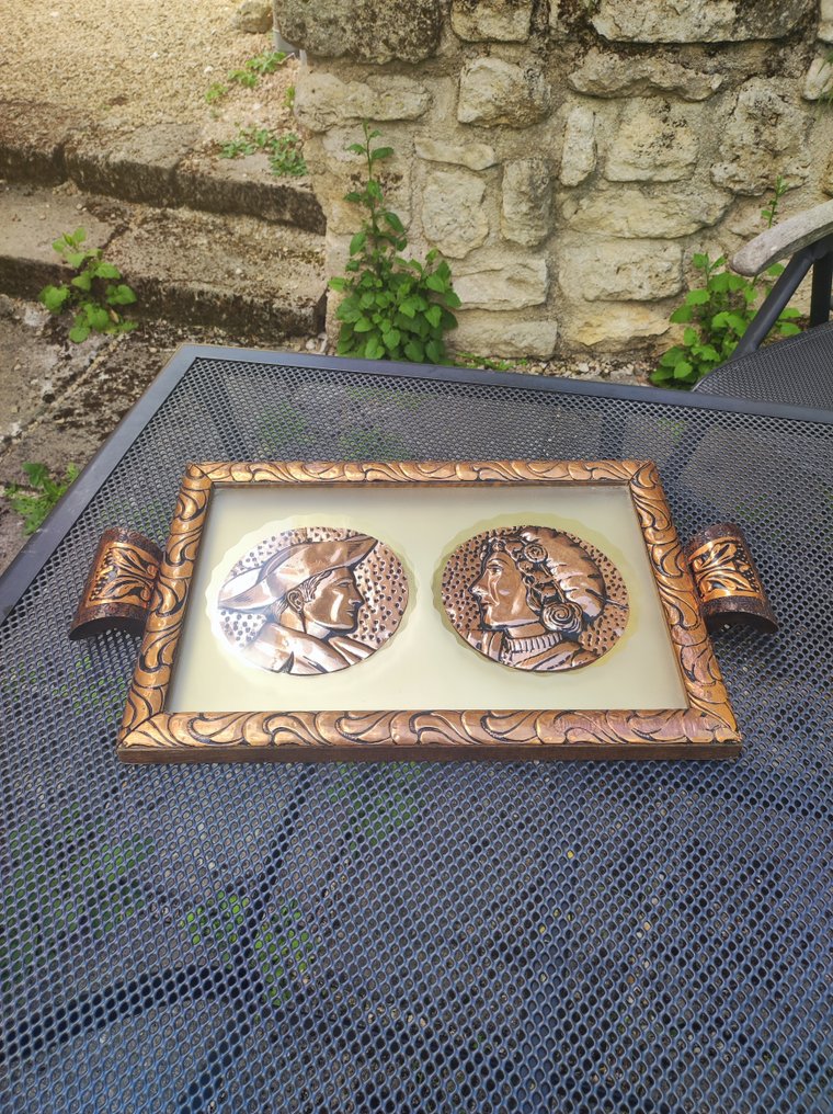 Artisanat Français - Serving tray - Brittany in the 1950s - Wood, Glass, Copper - Tradition of France #1.0