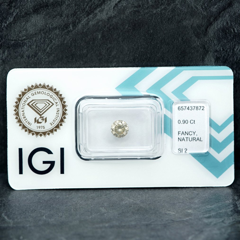 χωρίς τιμή ασφαλείας - 1 pcs Διαμάντι  (Φυσικού χρώματος)  - 0.90 ct - Στρογγυλό - Fancy Γκριζωπό Κίτρινο - SI2 - International Gemological Institute (IGI) #2.1