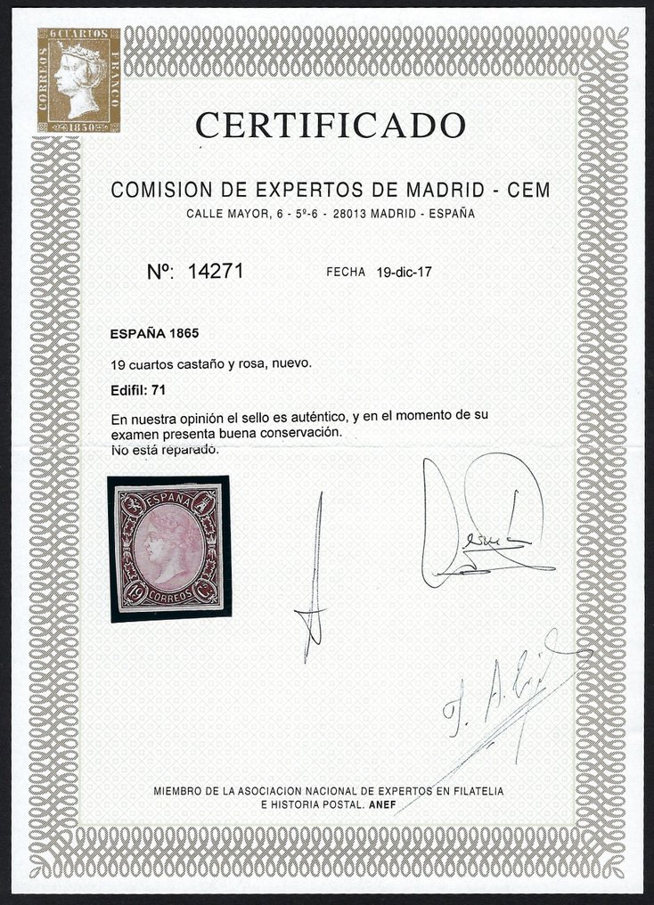 Ισπανία 1865 - Ισαμπέλ ΙΙ 19 τεμάχια καστανό και ροζ - Πιστοποιητικό CEM - Edifil 71 #2.1