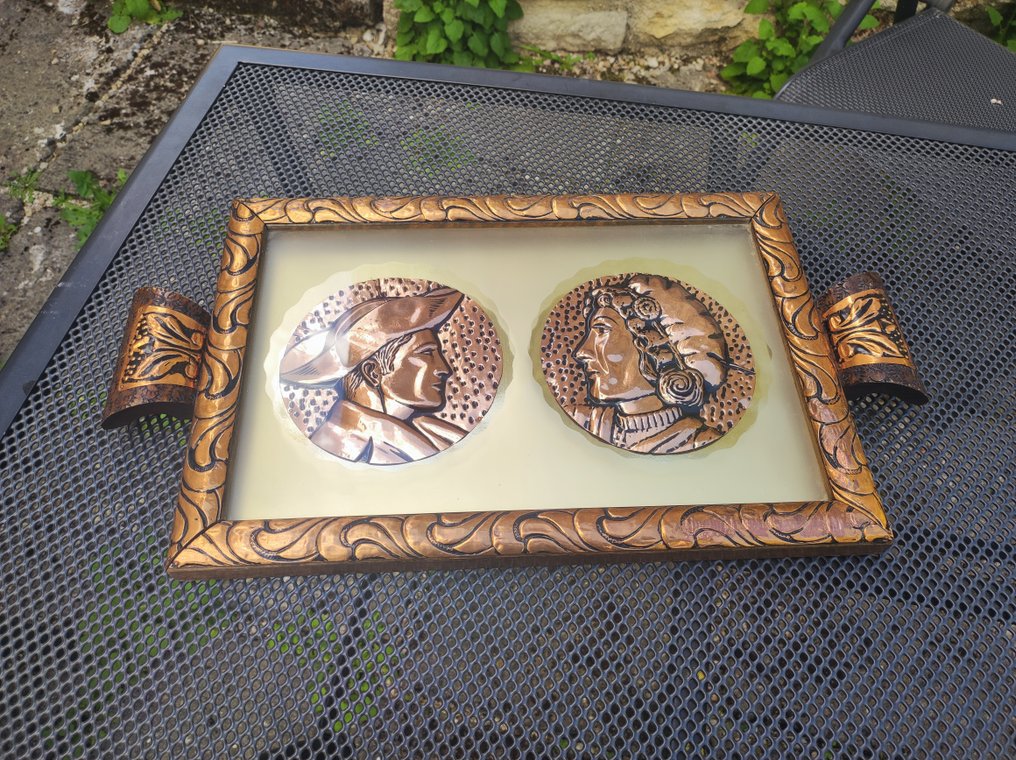 Artisanat Français - Serving tray - Brittany in the 1950s - Wood, Glass, Copper - Tradition of France #1.0