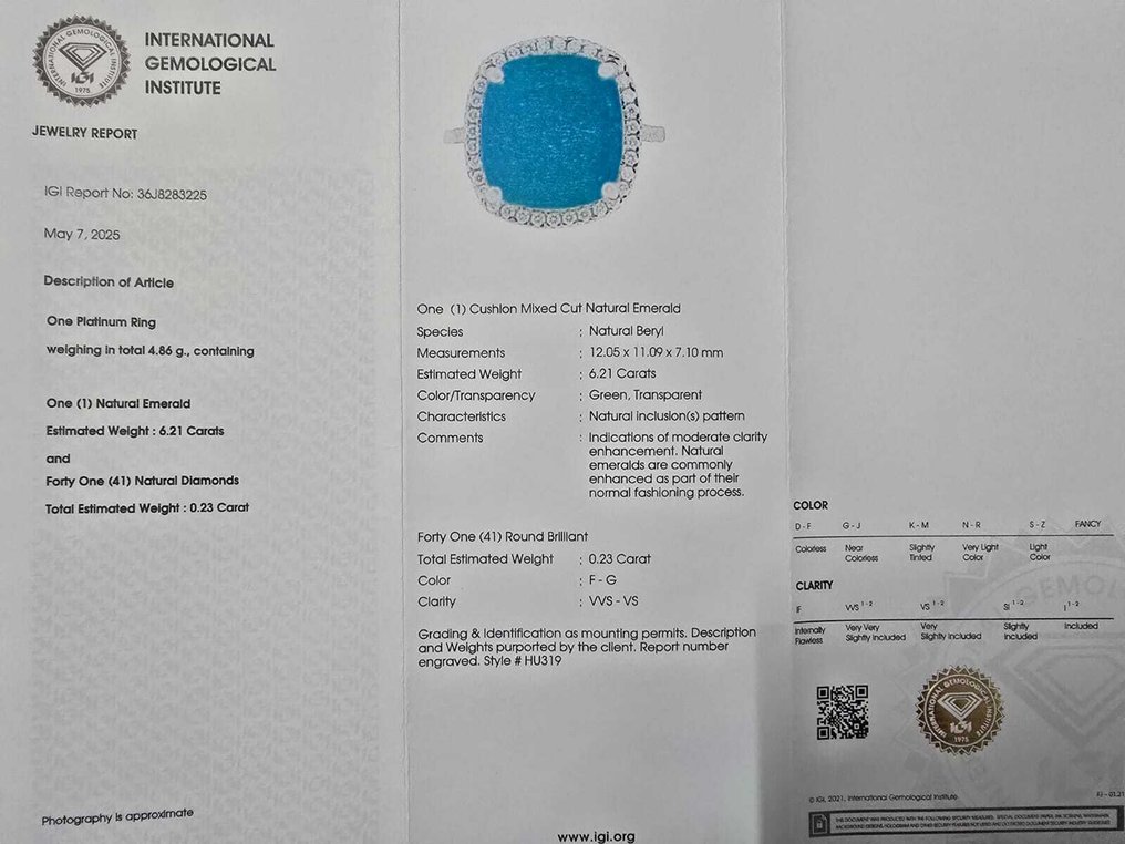 Bague Platine - 6.44ct. tw. Émeraude - Diamant - Vert transparent #2.1