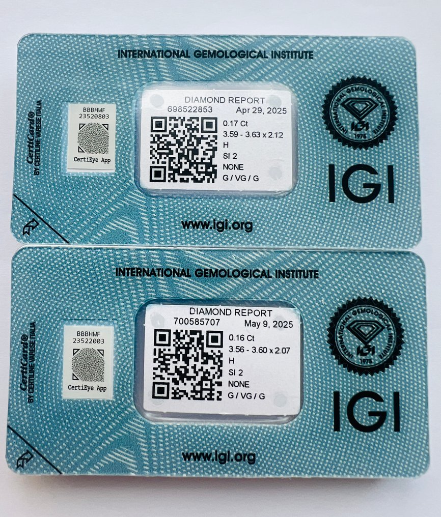 No reserve price - 2 pcs Diamond  (Natural)  - 0.33 ct - Round - H - SI2 - International Gemological Institute (IGI) - *Matching Pair* #1.0