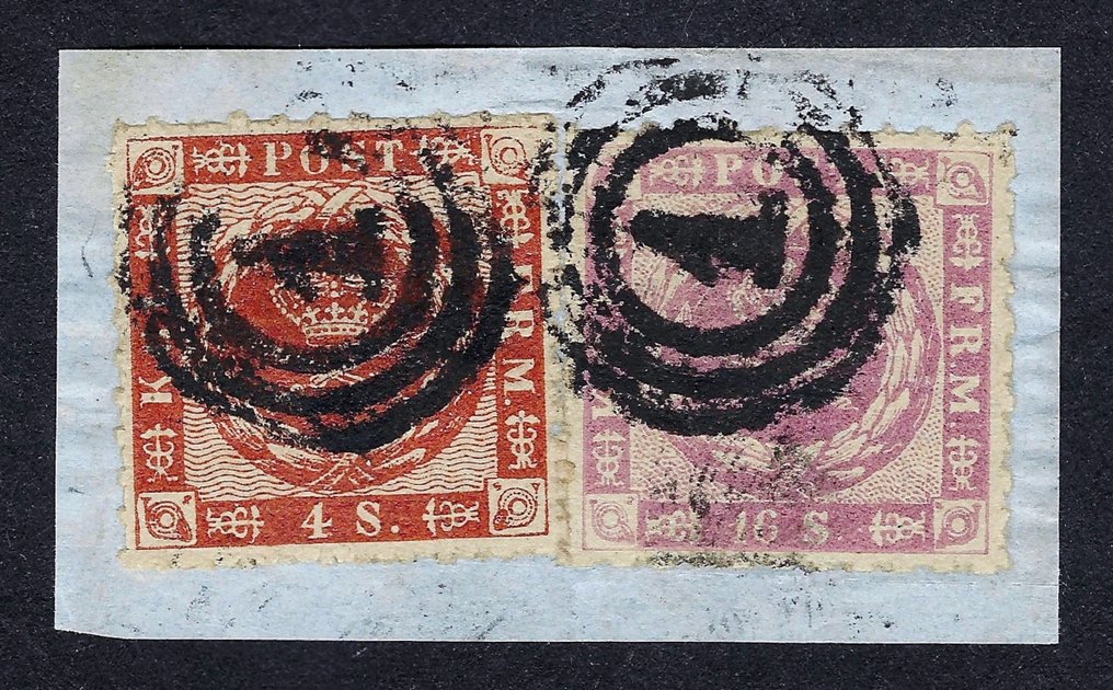 Danemarca 1854/64 - Stema 16sk Lilac și 4s Brown red pe fragment. - Nº 7+10 #1.0