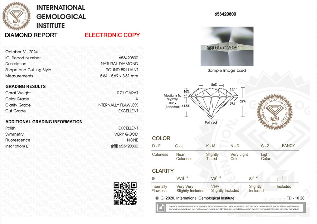 1 pcs Diamond  (Natural)  - 0.71 ct - Round - K - IF - International Gemological Institute (IGI) #2.1