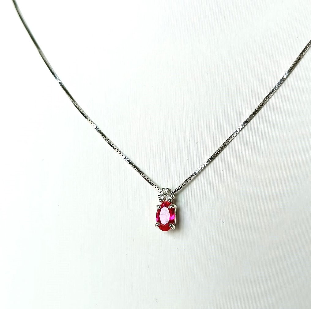 Κολιέ με μενταγιόν - 18 καράτια Λευκός χρυσός Ρουμπίνι - Διαμάντι #1.0