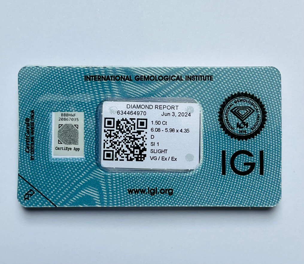 1 pcs Diamant  (Naturlig)  - 1.50 ct - Smaragd - D (fargeløs) - SI1 - Det internasjonale gemologiske institutt (IGI) #3.2