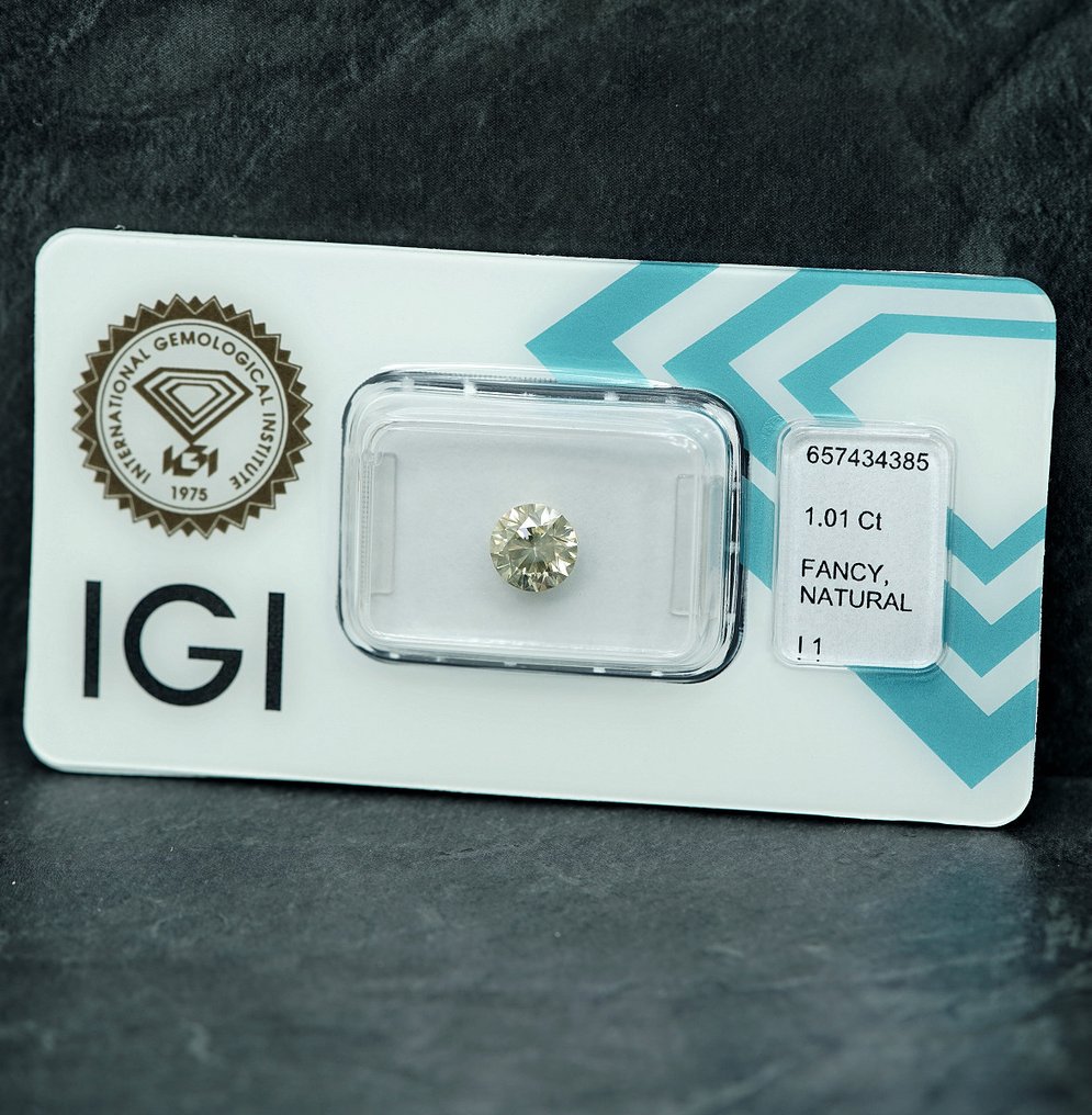 1 pcs Διαμάντι  (Φυσικού χρώματος)  - 1.01 ct - Στρογγυλό - Fancy light Γκριζωπό Κίτρινο - I1 - International Gemological Institute (IGI) #1.0