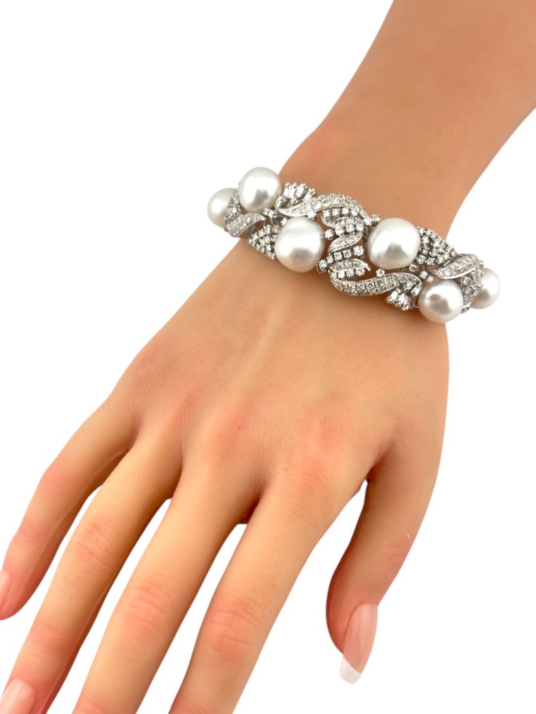 Βραχιόλι - 18 καράτια Λευκός χρυσός, Βραχιόλι από 18K λευκόχρυσο με διαμάντια 4.7ct. και μεγάλα μαργαριτάρια. -  4.70ct. tw. Διαμάντι (Φυσικό)  #4.3