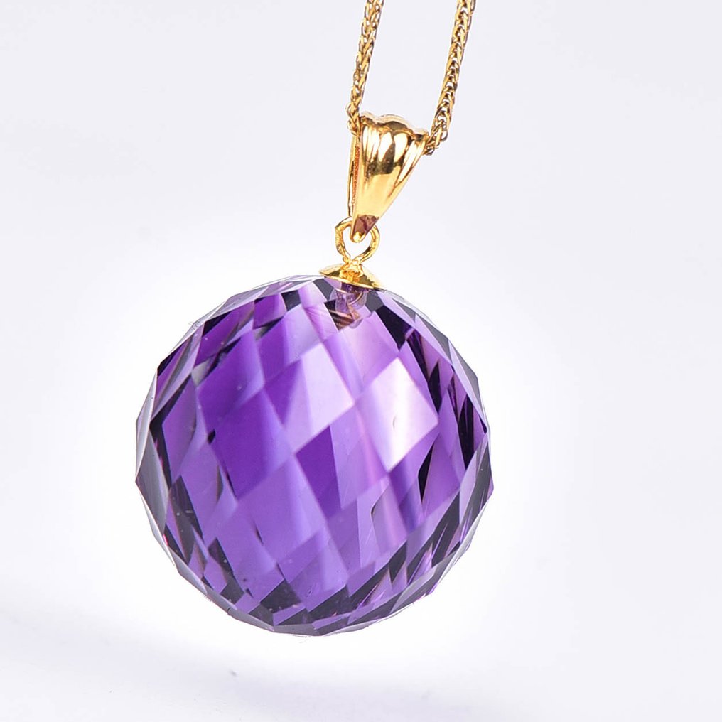 Zonder Minimumprijs - Ketting met hanger - 18 karaat Geel goud Amethist - ALGT Gecertificeerd #1.0
