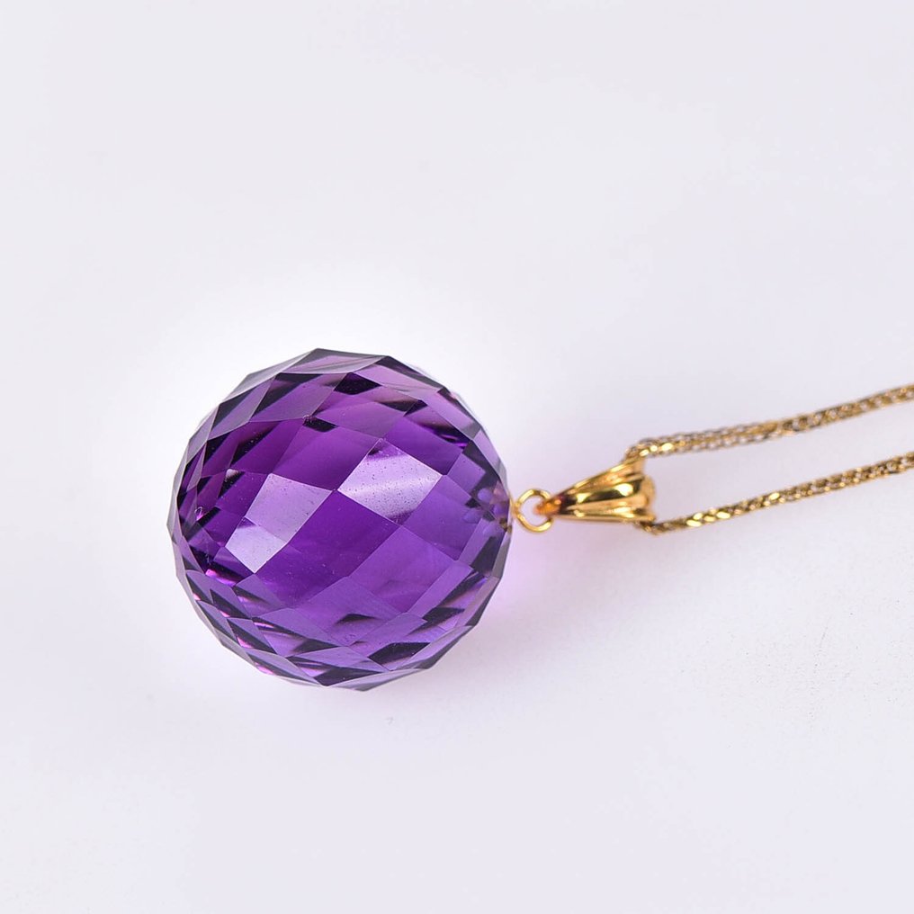 Zonder Minimumprijs - Ketting met hanger - 18 karaat Geel goud Amethist - ALGT Gecertificeerd #4.3