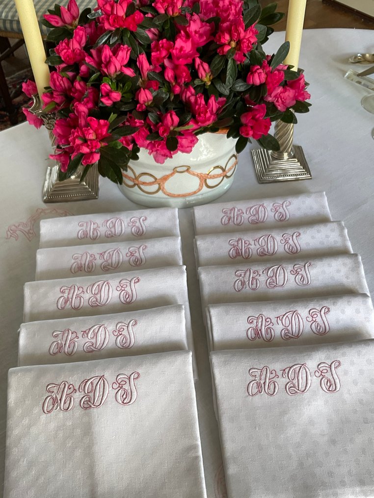 10 Early XXth Century damask linen napkins with three initials A.D.J. - Napkin  - 73 cm - 80 cm #3.2