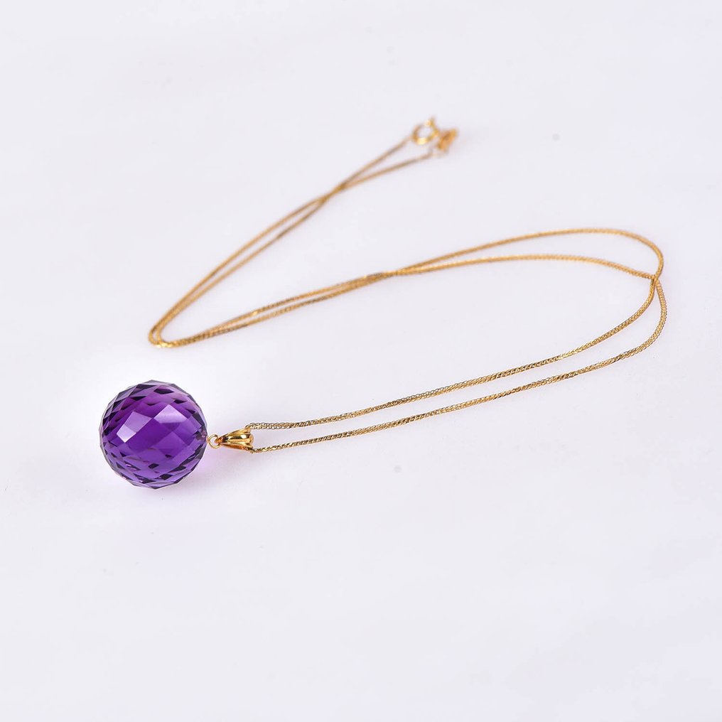 Zonder Minimumprijs - Ketting met hanger - 18 karaat Geel goud Amethist - ALGT Gecertificeerd #1.0