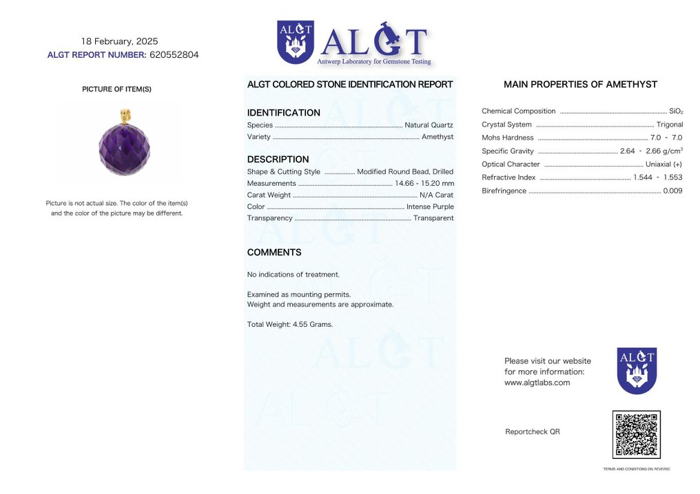 Zonder Minimumprijs - Ketting met hanger - 18 karaat Geel goud Amethist - ALGT Gecertificeerd #2.1