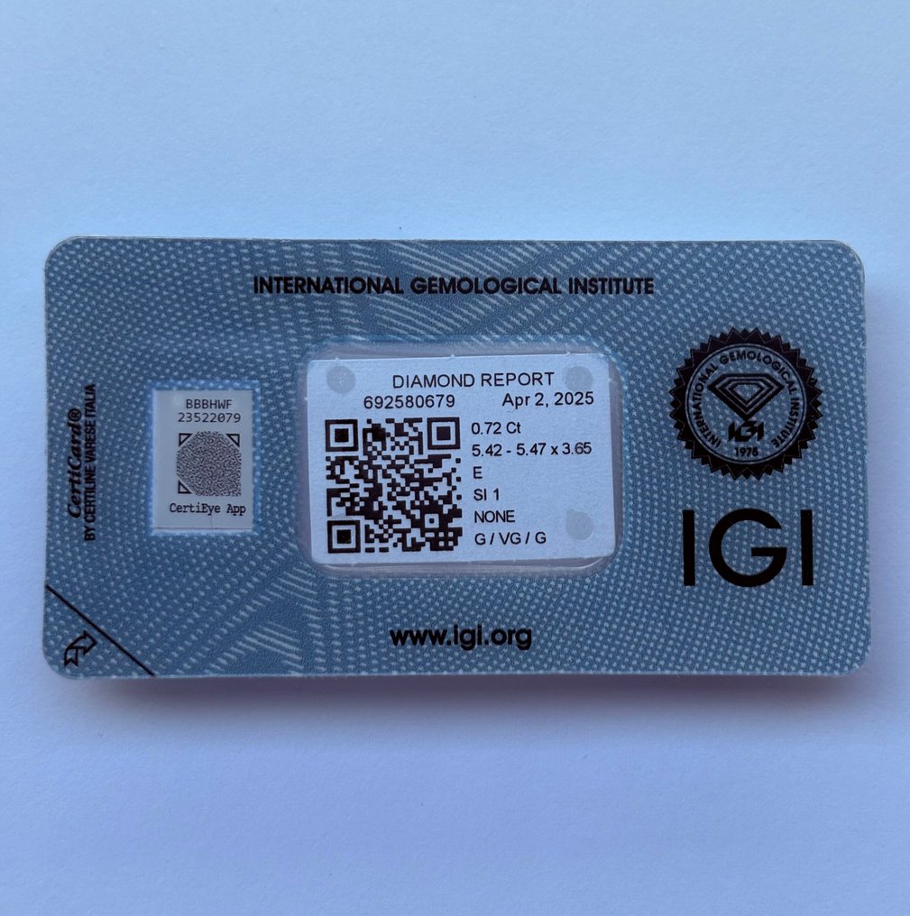 1 pcs Diamant (Natural) - 0.72 ct - Rotund - E - SI1 - IGI (Institutul gemologic internațional) #1.0