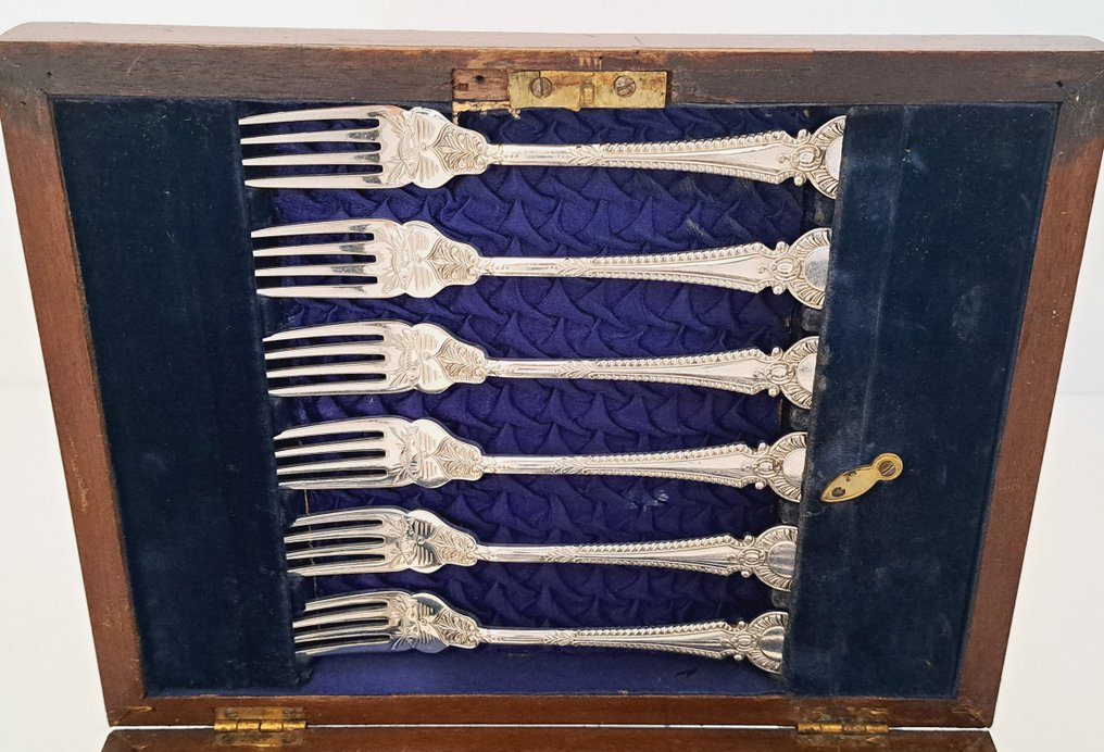 George Bowen of Sheffield - Visbestekset voor 6 personen (12) - in originele houten cassette, d. 1900 - Verzilverd #3.2