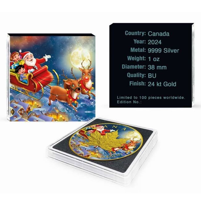 Canada. 5 Dollars 2024 1 oz Maple Leaf Christmas 24k Gold Gilded Colorized Silver Coin (Zonder Minimumprijs) #2.1