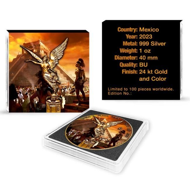 Messico. 1 Onza 2023 1 oz Mexican Libertad Aztec Pyramid Folk 24k Gold Gilded Colorized Silver Coin #2.1