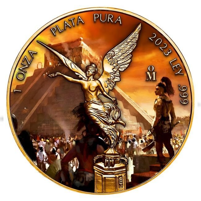 Messico. 1 Onza 2023 1 oz Mexican Libertad Aztec Pyramid Folk 24k Gold Gilded Colorized Silver Coin #1.0