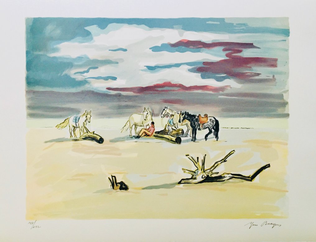 Yves Brayer (1907-1990) - Le repos des cavaliers sur la plage - Lithographie originale signée #1.0