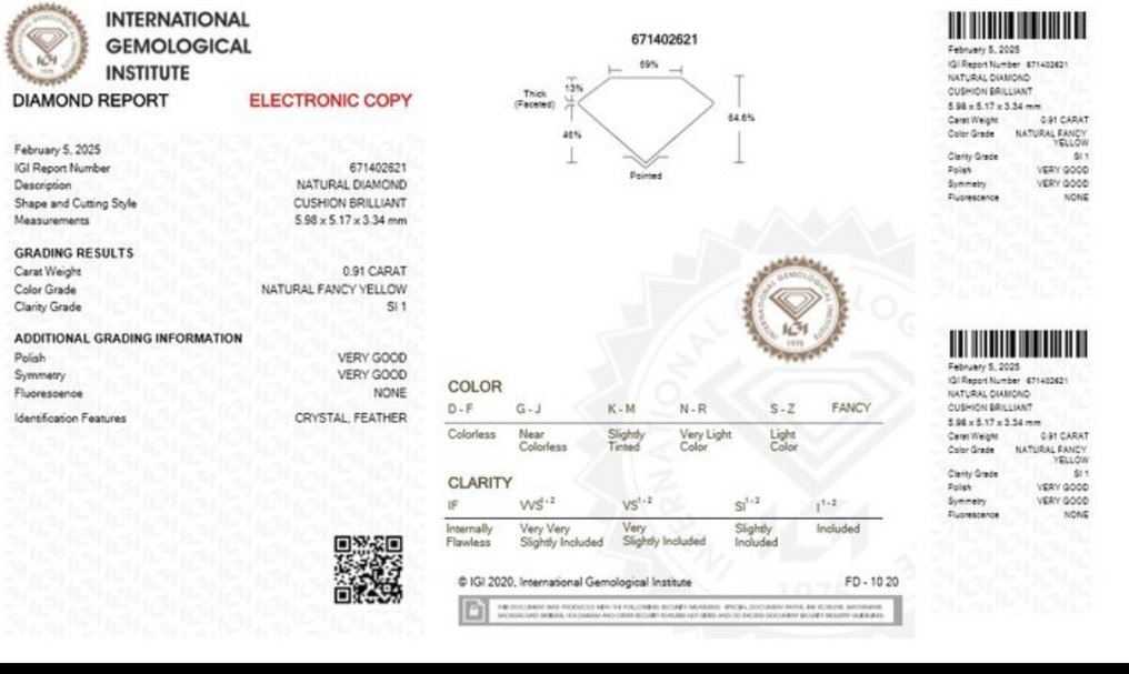 没有保留价 - 1 pcs 钻石  (天然色彩的)  - 0.91 ct - 枕形 - Fancy 黄色 - SI1 微内含一级 - 国际宝石研究院（IGI） #3.2