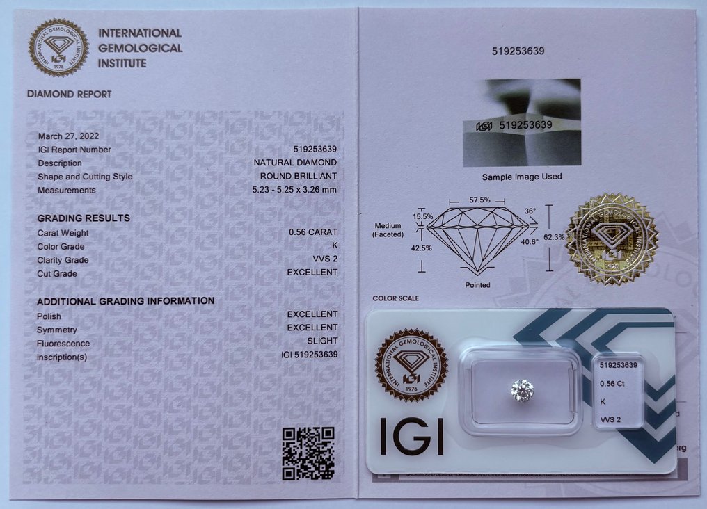 1 pcs 钻石 (天然) - 0.56 ct - 圆形 - K - VVS2 极轻微内含二级 - 国际宝石研究院(IGI) - Ex Ex Ex #3.2