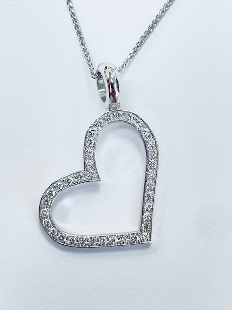 Κολιέ με μενταγιόν - 14 καράτια Λευκός χρυσός - 0.45ct. tw. Διαμάντι (Φυσικό) - Κρεμαστό με ανοιχτή καρδιά. #1.0