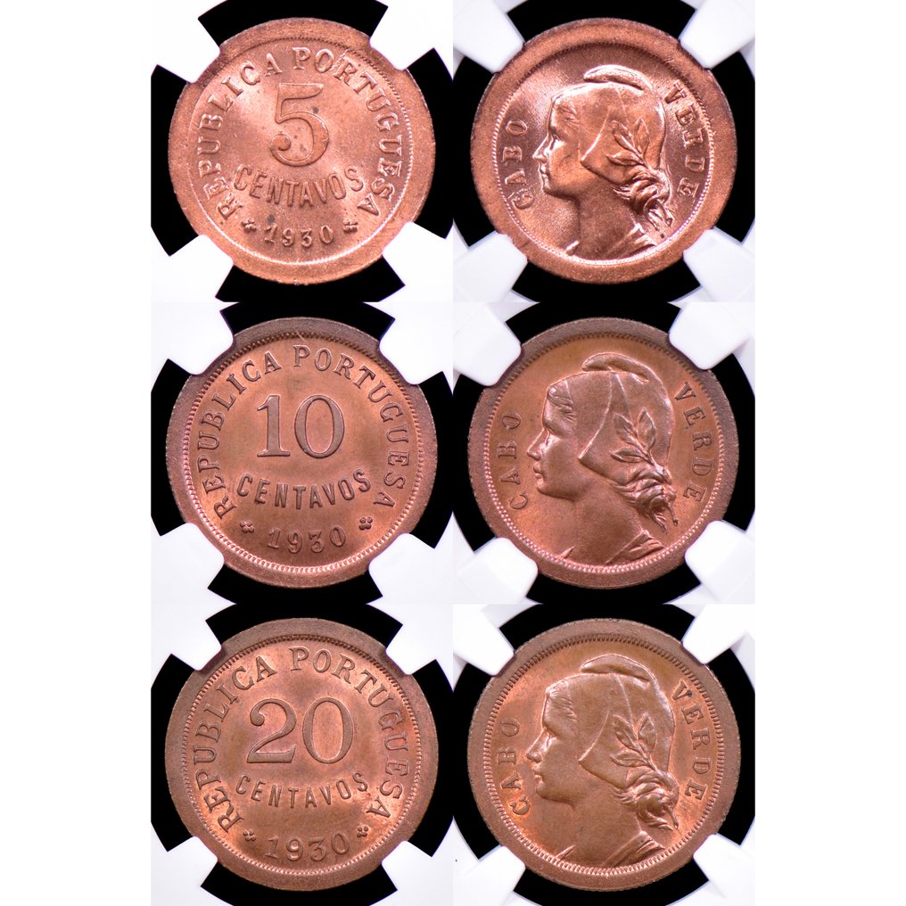 Capo Verde portoghese. Republic. 3 Moedas - 5, 10 & 20 Centavos 1930 - NGC - MS 65/65/64 #1.0