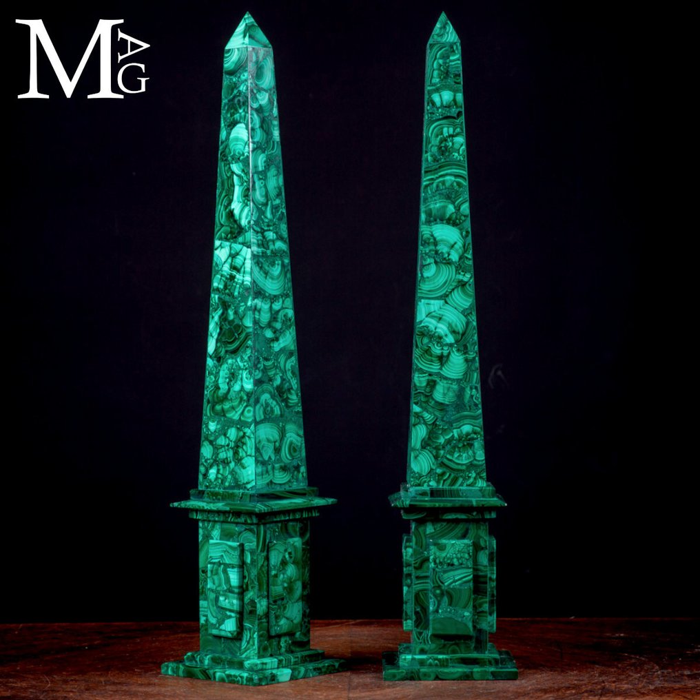 Timeless Elegance - Pair of Malachite Obelisks of the Highest Quality - Height: 504 mm - Width: 98 mm- 5191 g #3.2