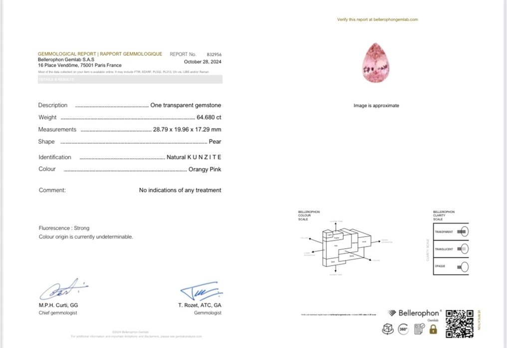 1 pcs  Rosa, Arancione Kunzite  - 64.68 ct - Bellerophon Gemlab #3.2