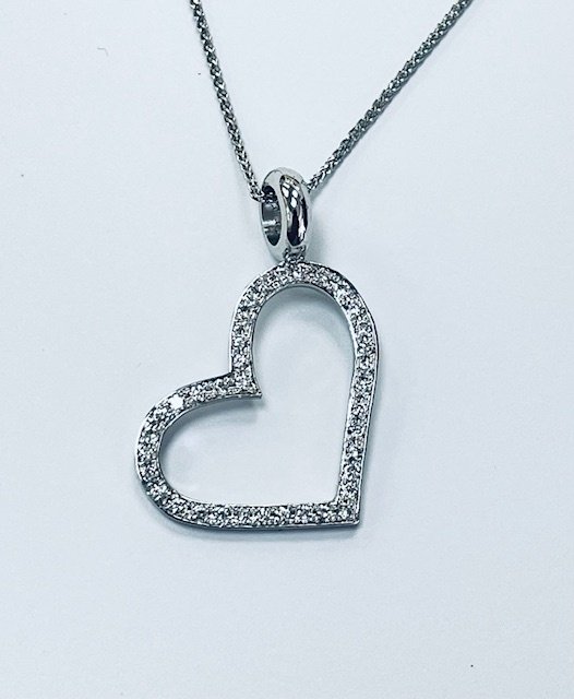 Κολιέ με μενταγιόν - 14 καράτια Λευκός χρυσός - 0.45ct. tw. Διαμάντι (Φυσικό) - Κρεμαστό με ανοιχτή καρδιά. #4.3