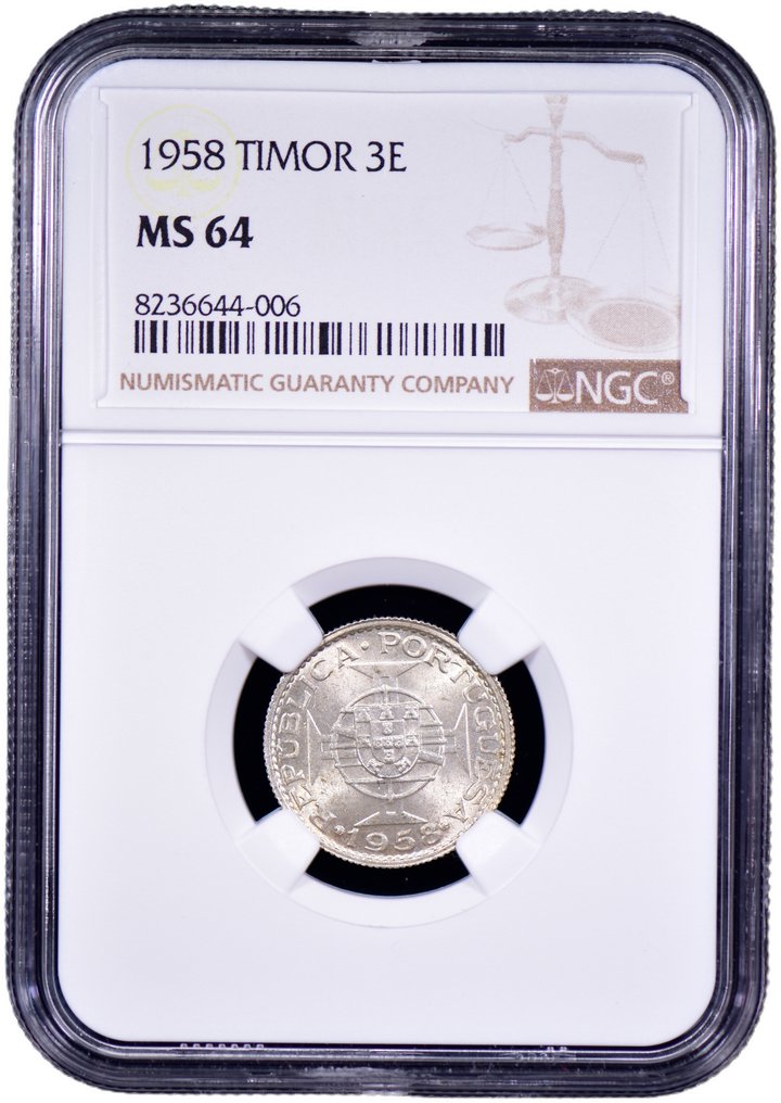 葡萄牙 帝汶岛. Republic. 3 Escudos 1958 - NGC - MS 64 #2.1