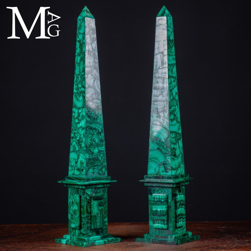 Timeless Elegance - Pair of Malachite Obelisks of the Highest Quality - Height: 504 mm - Width: 98 mm- 5191 g #2.1