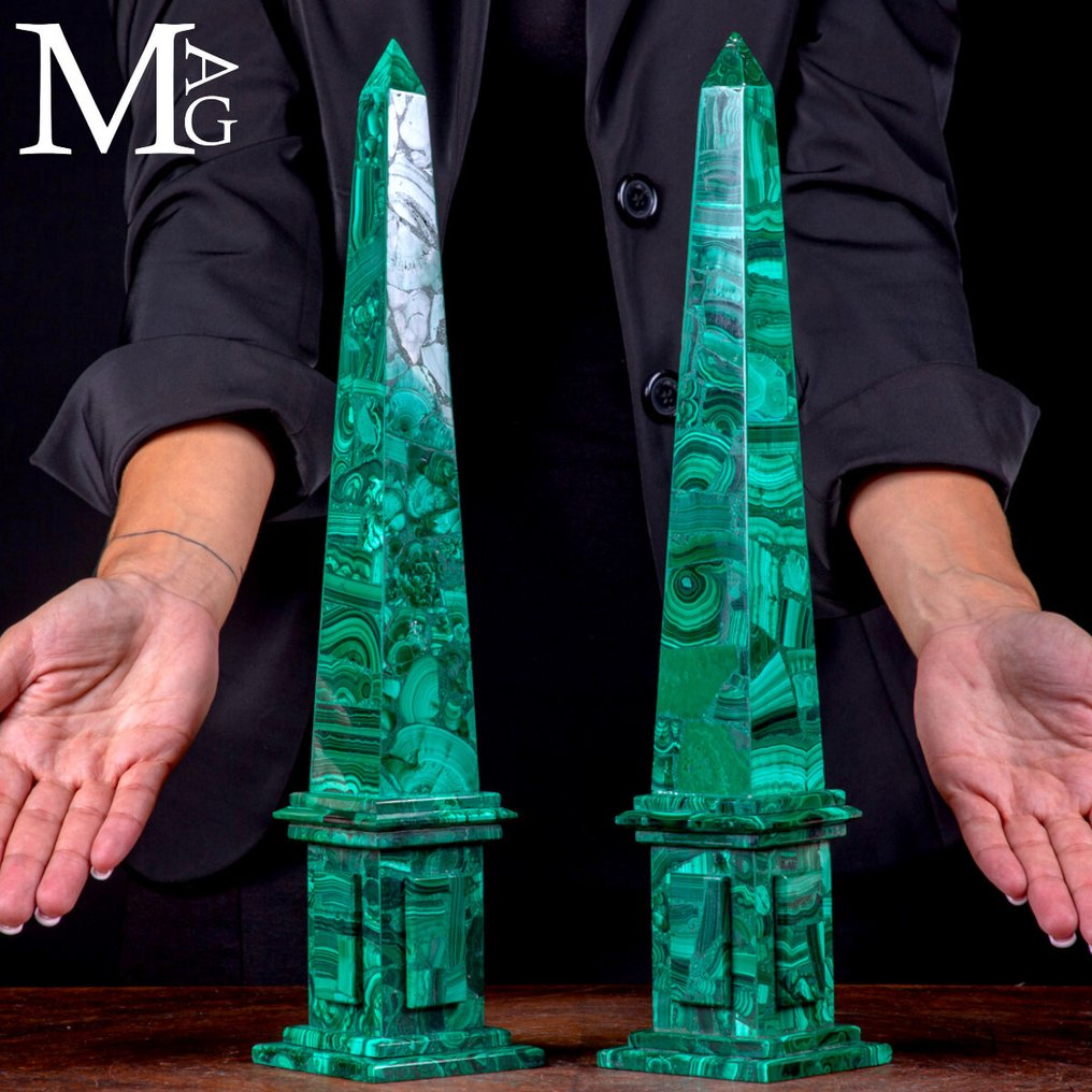Precious Couple of Obelisk - Extra Quality Malachite Specimen - Height: 406 mm - Width: 85 mm- 2820 g #1.0