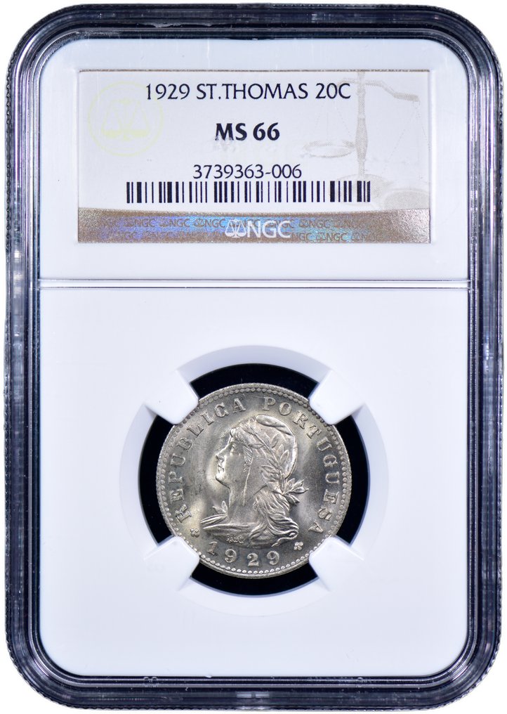 圣多美和普林西比（葡萄牙领土）. Republic. 20 centavos 1929 - NGC - MS 66 - Escassa #2.1