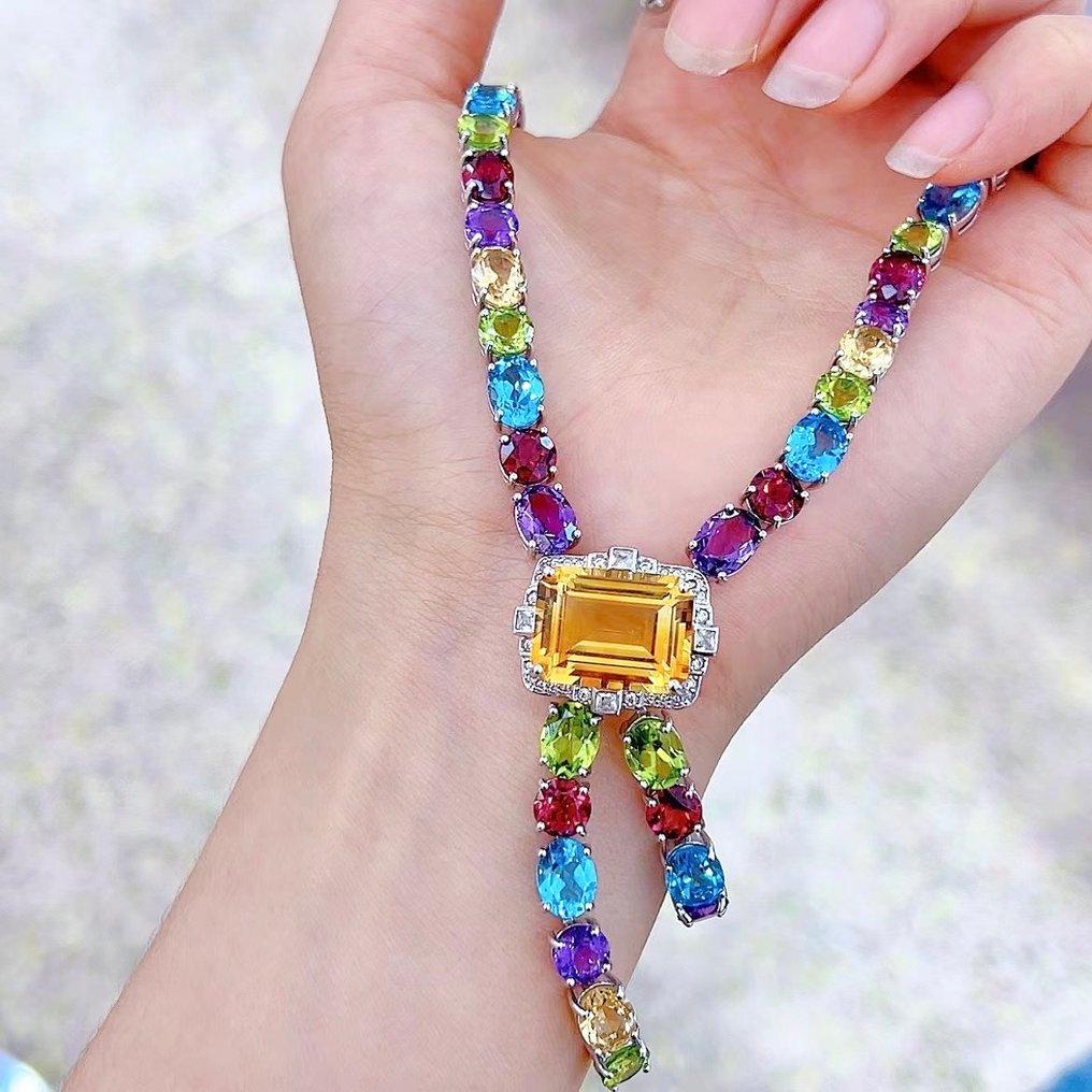 Tutti Frutti 项链 – 92克拉夏日氛围宝石 橄榄石、天蓝色托帕石、紫水晶、黄水晶和石榴石- 52.6 g - (1) #1.0